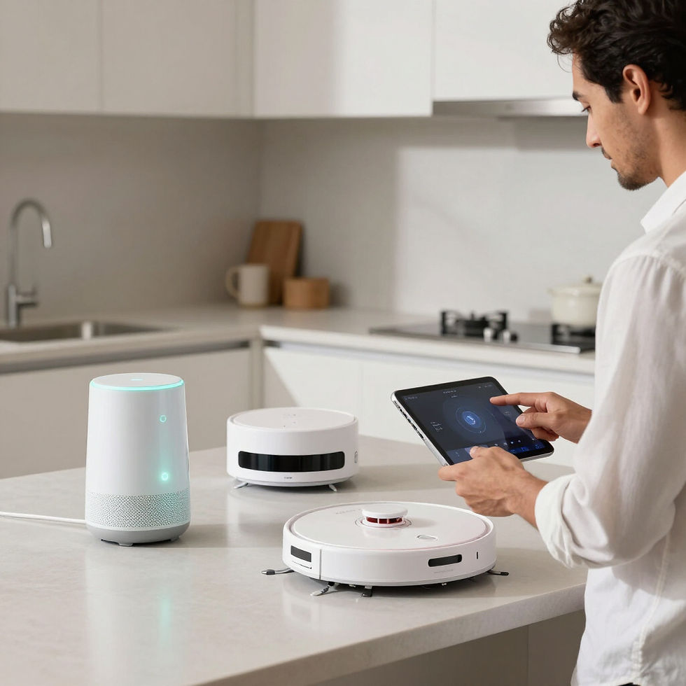 Homem controla gadgets futuristas e produtos inovadores via tablet.
