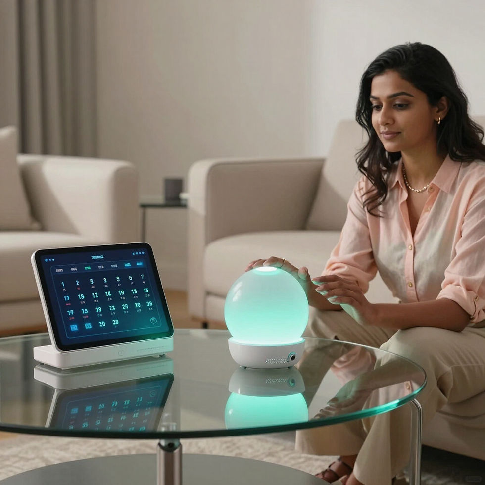 Mulher usando gadgets futuristas e produtos inovadores em casa