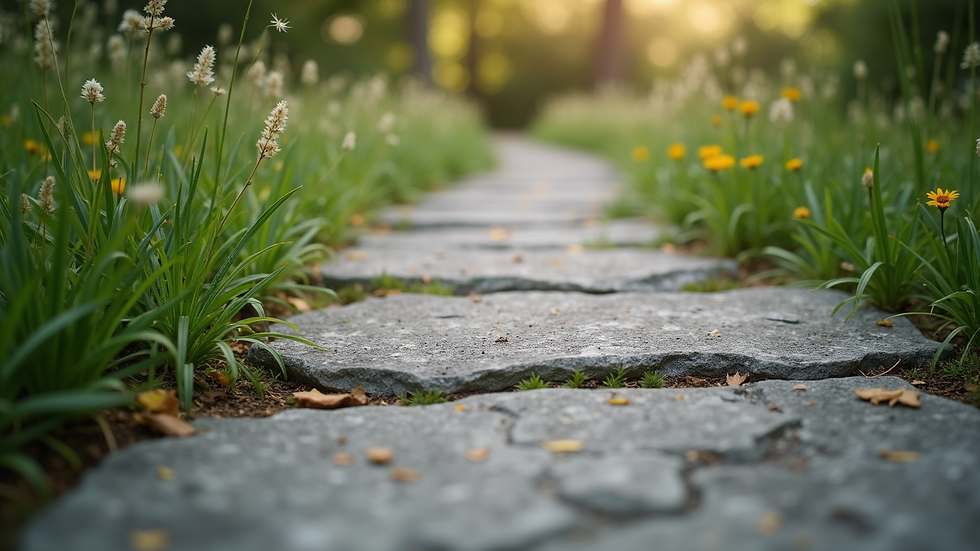 Close-up view of a stone pathway with native plants on both sides