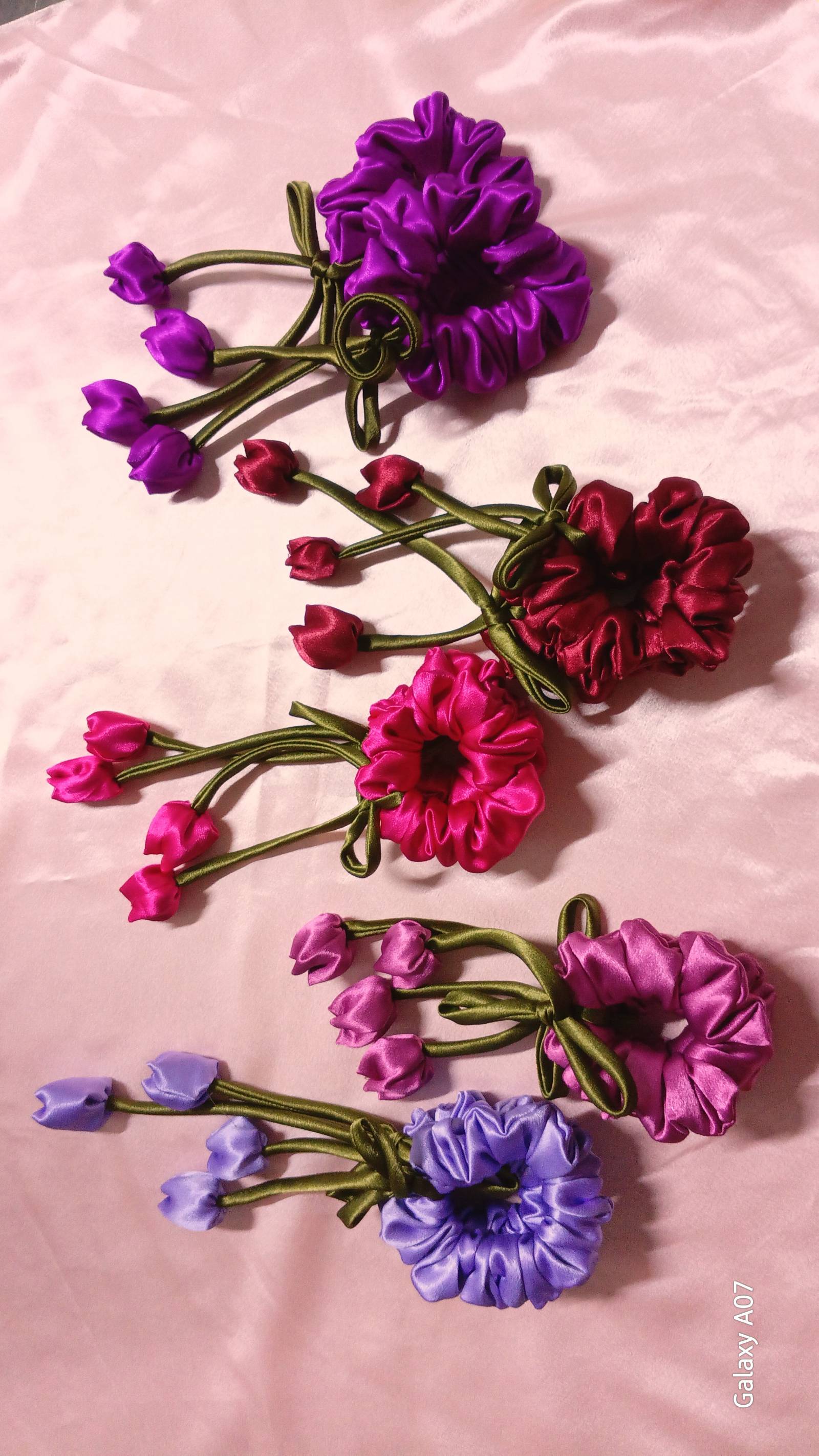 Handmade Satin Tulip Flower Scrunchies Set
