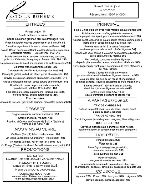 resto la boheme menu