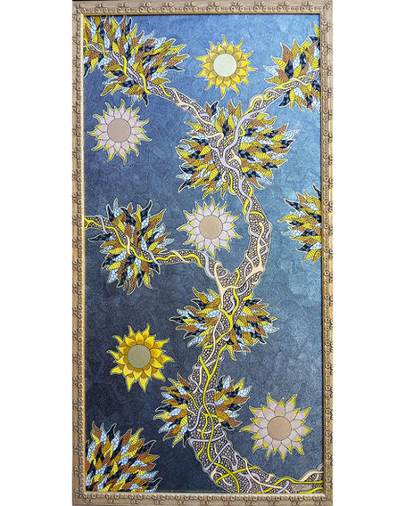Tableau symbolique contemporain représentant un arbre de lumière traversé par des soleils rayonnants dans des tons bleus, verts et jaunes, évoquant la circulation de la lumière intérieure et l'éveil de la conscience.