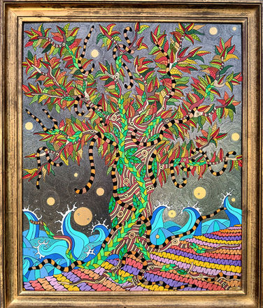 Cette œuvre est un chef-d'œuvre vibrant et coloré, représentant un arbre luxuriant aux branches entrelacées de motifs complexes. Les feuilles rouges et vertes créent un contraste saisissant avec le ciel étoilé en arrière-plan.