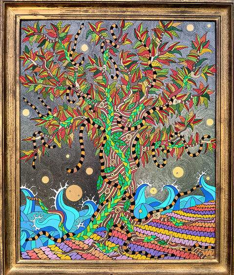 Cette œuvre est un chef-d'œuvre vibrant et coloré, représentant un arbre luxuriant aux branches entrelacées de motifs complexes. Les feuilles rouges et vertes créent un contraste saisissant avec le ciel étoilé en arrière-plan.