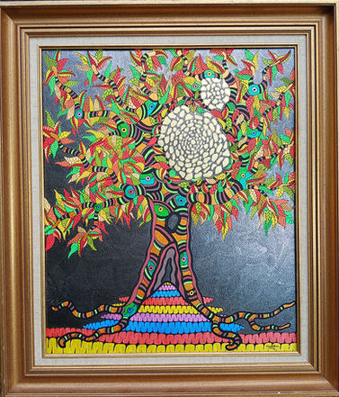 Cette œuvre d'art enchante par ses couleurs vibrantes et son style audacieux. Au centre se dresse un arbre, ses branches s'épanouissant dans un kaléidoscope de couleurs vives, déclinant des nuances de rouge, vert, jaune, et turquoise, insufflant une énergie dynamique. 
