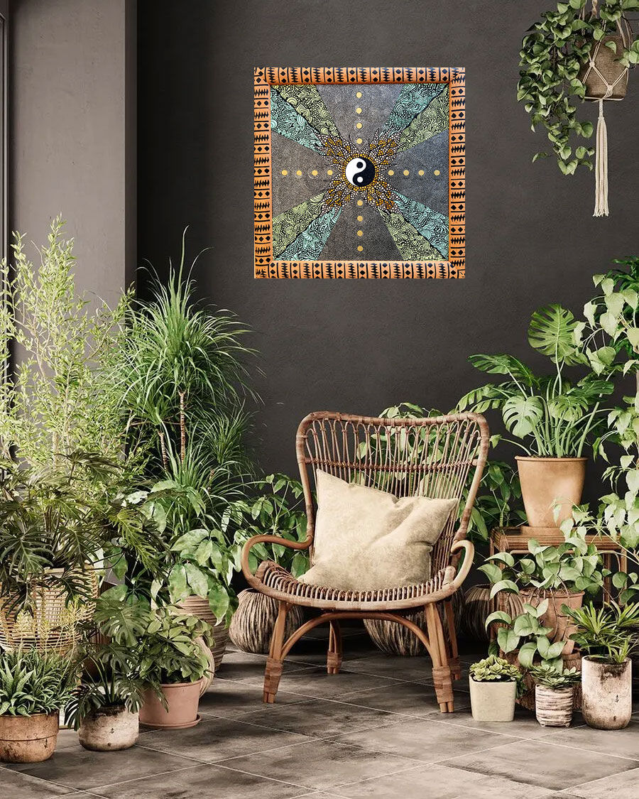 Tableau méditatif Au Cœur du Tao représentant le symbole du Yin Yang au centre d'une composition végétale invitant à la méditation et à l'équilibre intérieur.