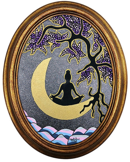 Tableau spirituel représentant une silhouette méditant sur un croissant de lune sous un arbre lumineux, symbole du rêve, de l'inconscient, de l'intuition et du voyage intérieur.