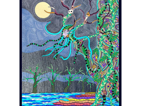 Peinture intuitive représentant le symbole du chemin multicolore, évoquant le chemin de vie et la transformation intérieure