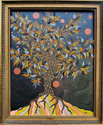 Cette œuvre captivante présente un arbre majestueux, rayonnant de couleurs vibrantes sur un fond sombre.