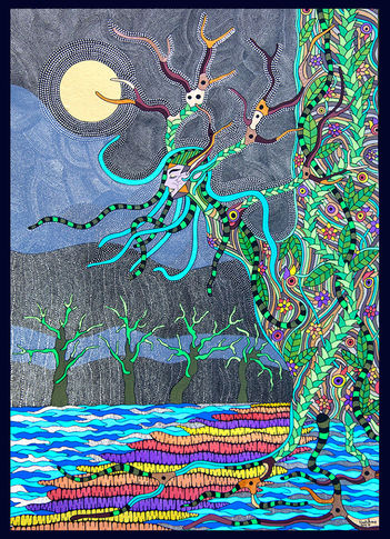 Cette œuvre captivante est une explosion de couleurs et de motifs vibrants, formant une scène onirique et surnaturelle.