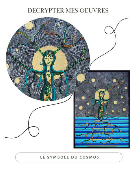 Détail de peinture en pointillisme représentant le symbole du cosmos et l’interconnexion de l’univers