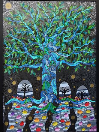 Cet œuvre captivante présente un arbre majestueux aux teintes vibrantes de bleu et vert, émergeant d'un sol ondulé parsemé de couleurs vives