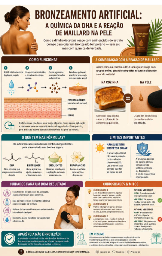 Bronzeamento artificial: examinando como o DHA interage com os aminoácidos da pele para produzir um tom dourado. A infografia explica o processo químico similar à reação de Maillard,