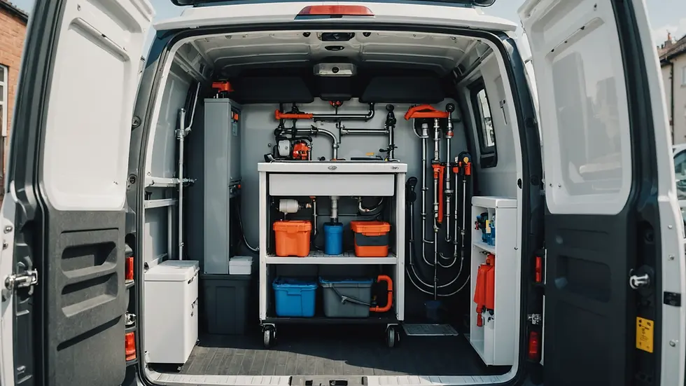 Eye-level view of a neatly organized plumbing van