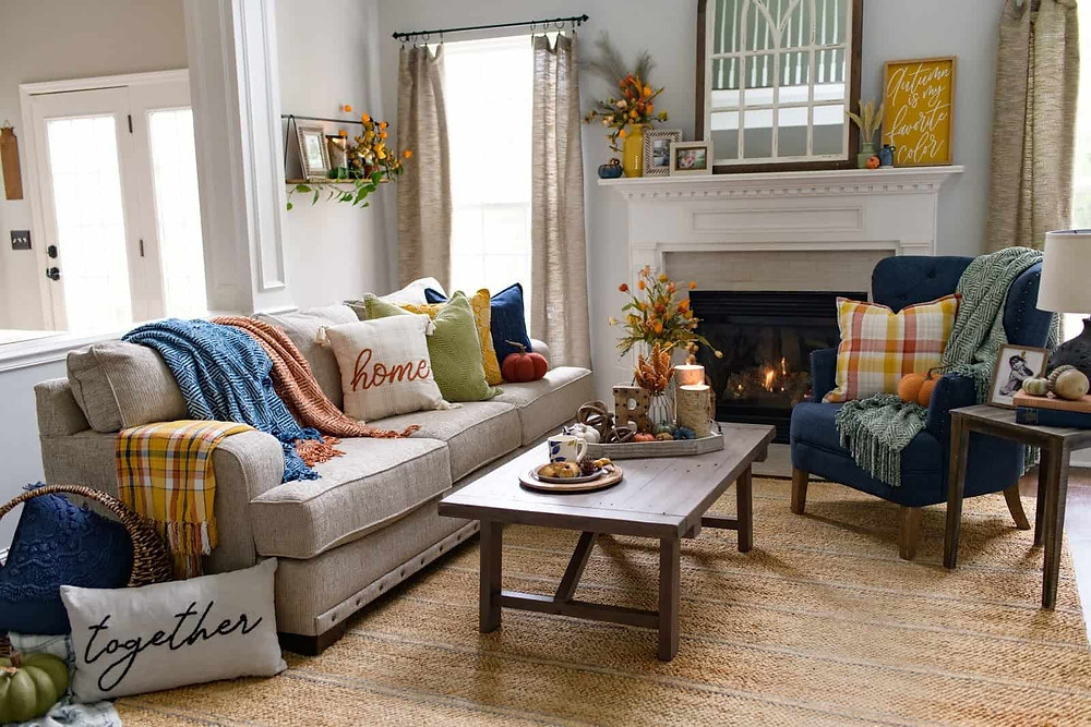 Living room decorated for fall