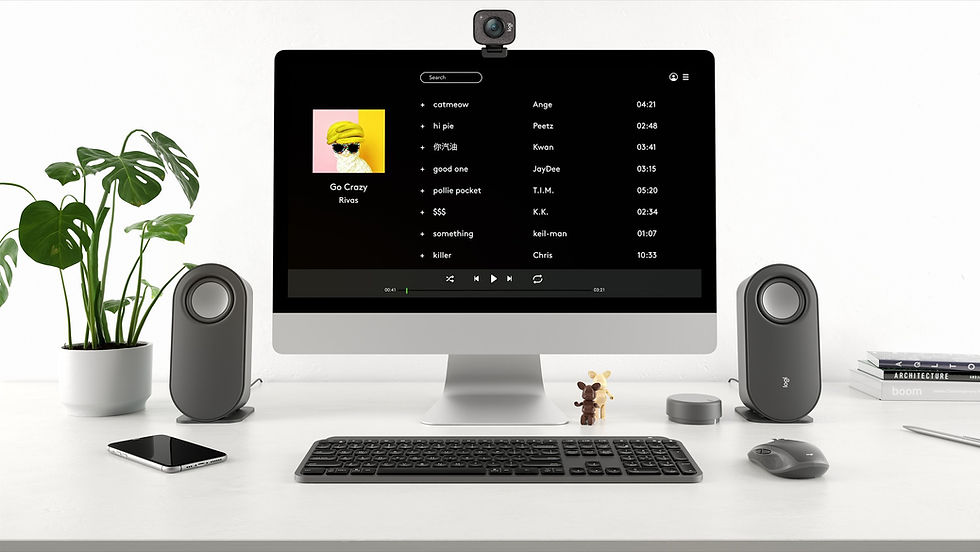 Photorealistic 3D product render of a home-audio and monitor setup