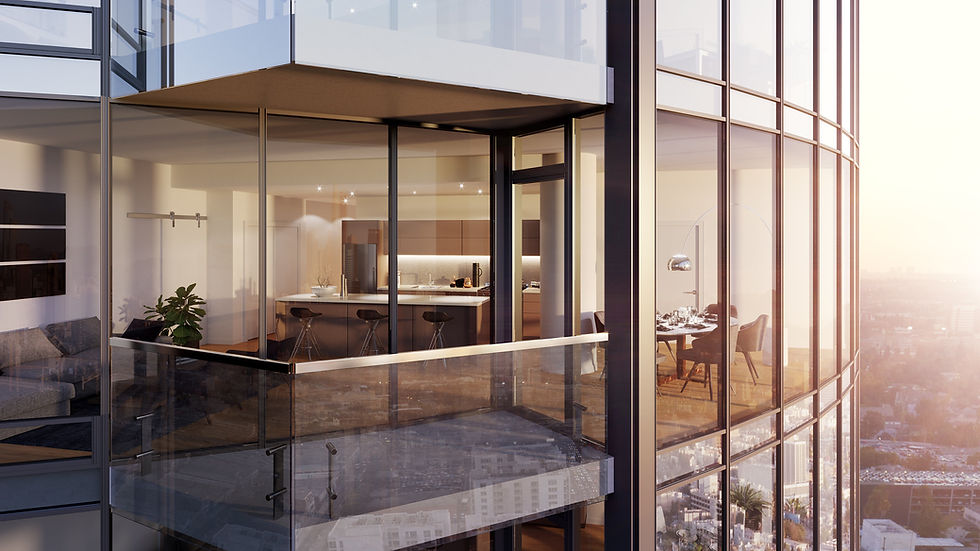 3D render of a modern penthouse interior with glass doors
