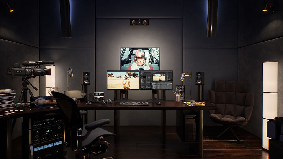 Photorealistic 3D render of a styled home-office workspace by Transparent House