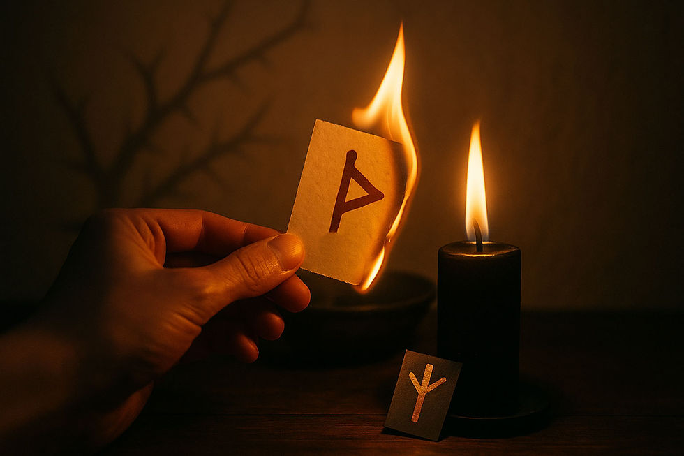 Dim ritual scene with a hand burning paper inscribed with Thurisaz rune (ᚦ) in the flame of a black candle, bowl catching ashes — Thorn and Flame release ritual