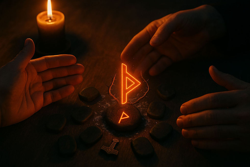Hands casting rune stones on a table with Thurisaz rune (ᚦ) face-up at the center, candlelight highlighting the reading