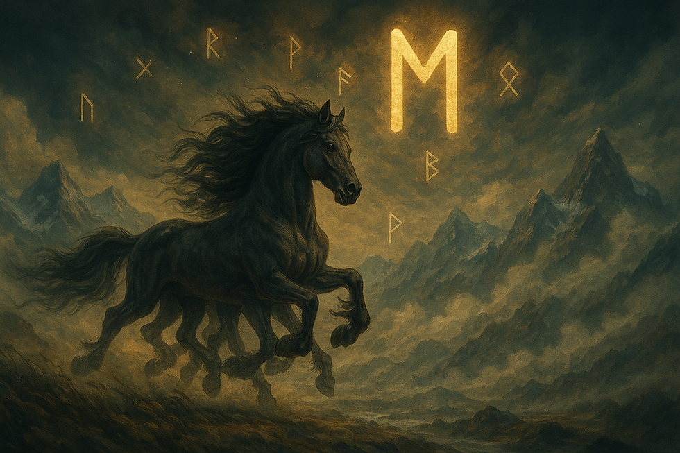 Odin’s eight-legged horse, galloping through realms. Behind him, runes swirl in the air and a glowing Ehwaz rune ᛖ
