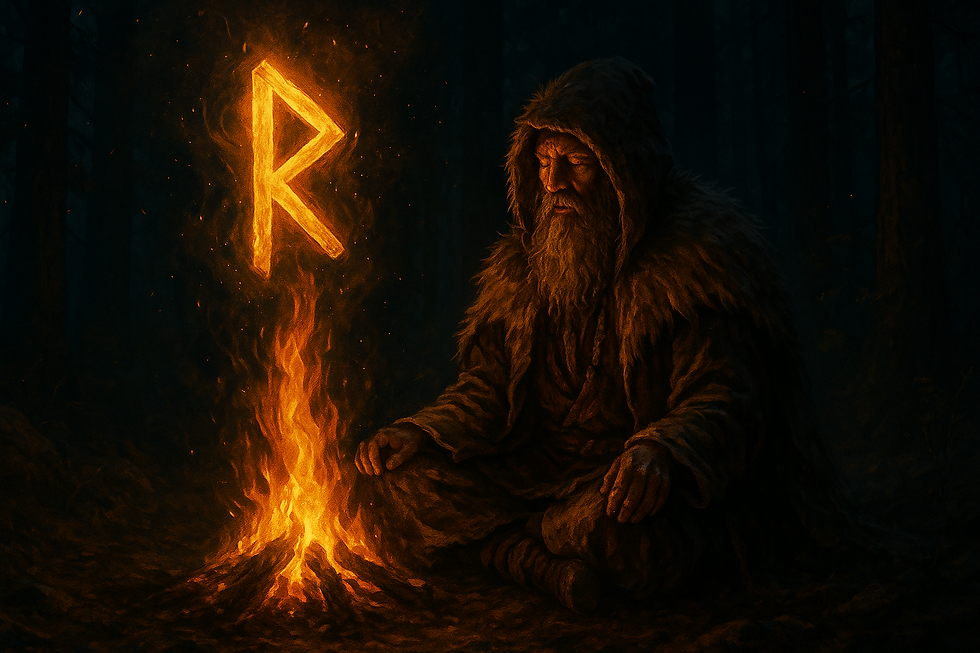 Shaman meditating by fire with glowing Raidō rune (ᚱ) in the forest at night