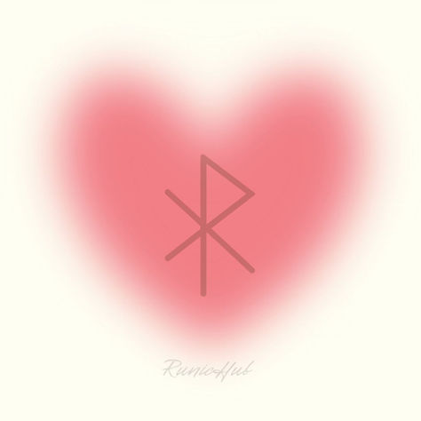 A soft red heart shape glows against a cream background, with a delicate bind rune in the center composed of the Gebo (ᚷ) and Wunjo (ᚹ) runes. The symbol represents love, joy, and partnership. Below it, the word "RunicHub" appears in subtle script.
