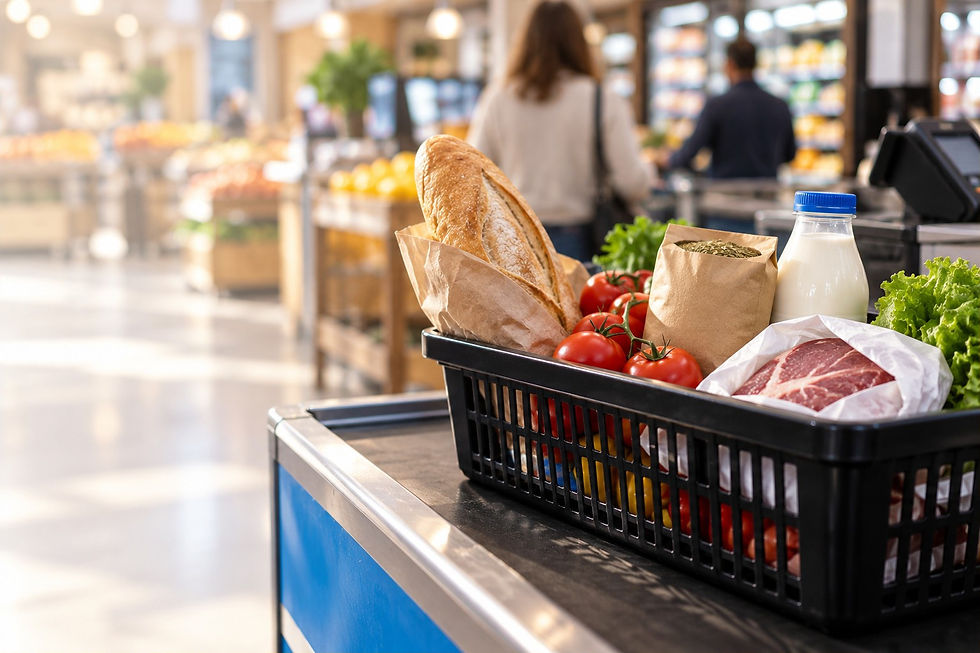 Корзина с продуктами на кассе супермаркета