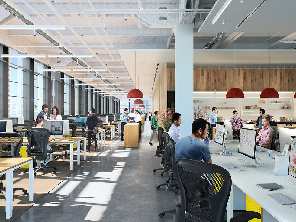 CGI render of an open-plan office furnished with desks and seating