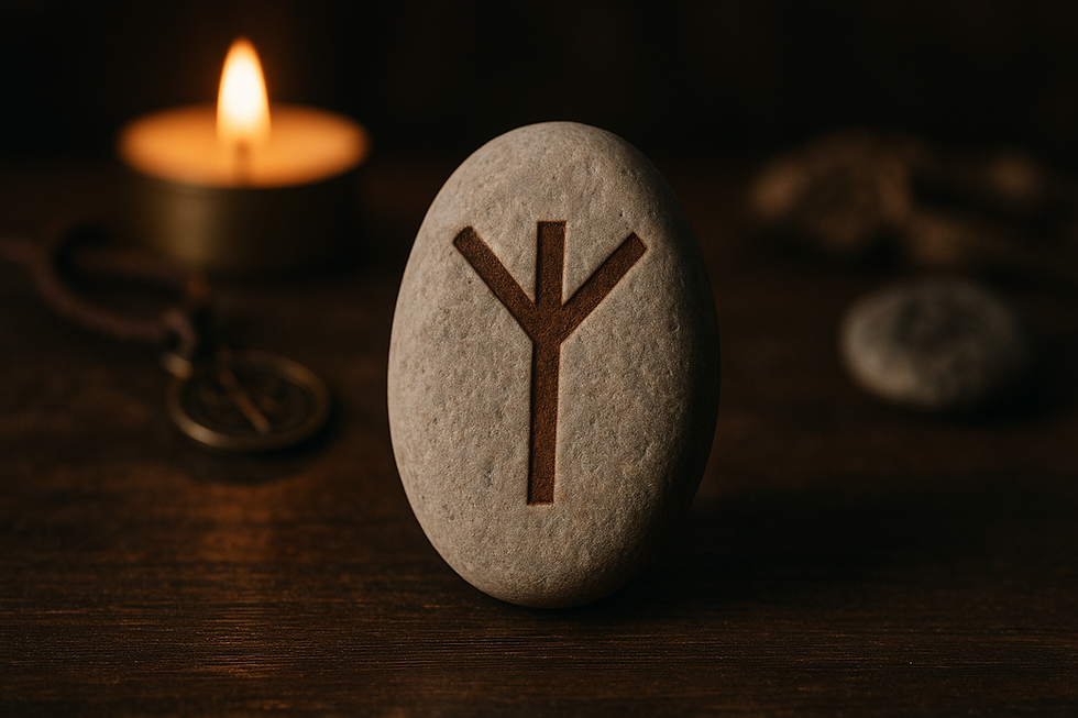 Protection rune Algiz carved on a smooth stone, placed on a wooden table with candlelight in the background