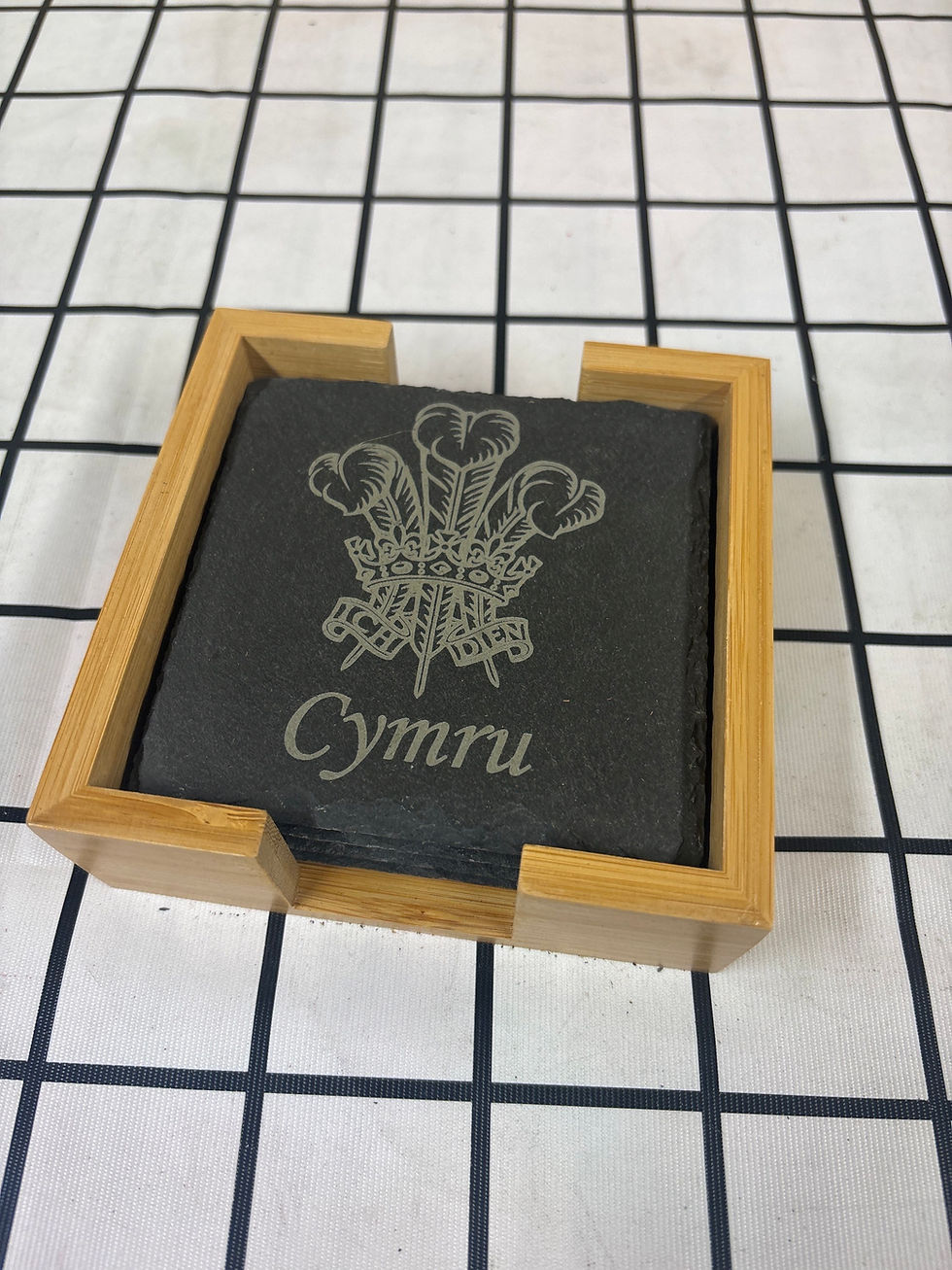 Thumbnail: Wales Three Feathers Cymru Engraved Slate Coasters x4 and holder  