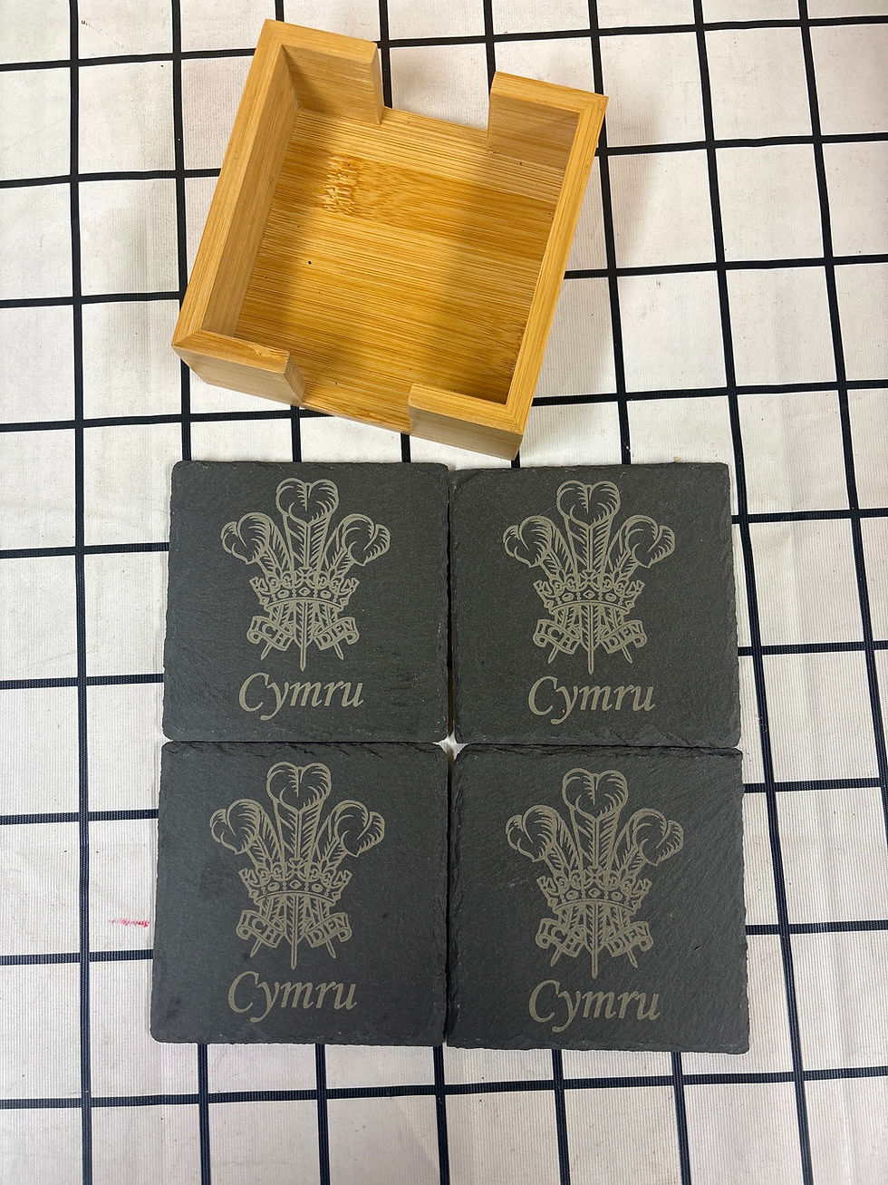 Thumbnail: Wales Three Feathers Cymru Engraved Slate Coasters x4 and holder  