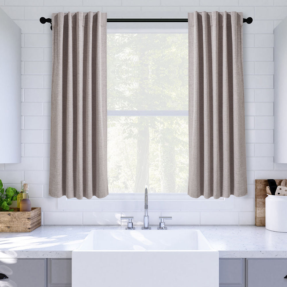 Solid Colour Faux Linen Blackout Curtains – 2 Piece Set