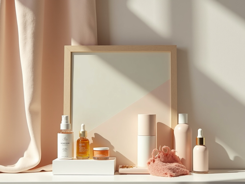 Skincare bottles arranged on a shelf in soft light