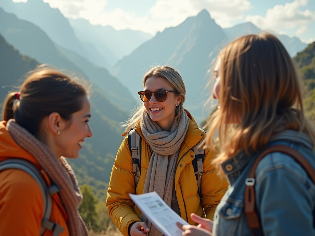 Three friends planning a hike in the mountains