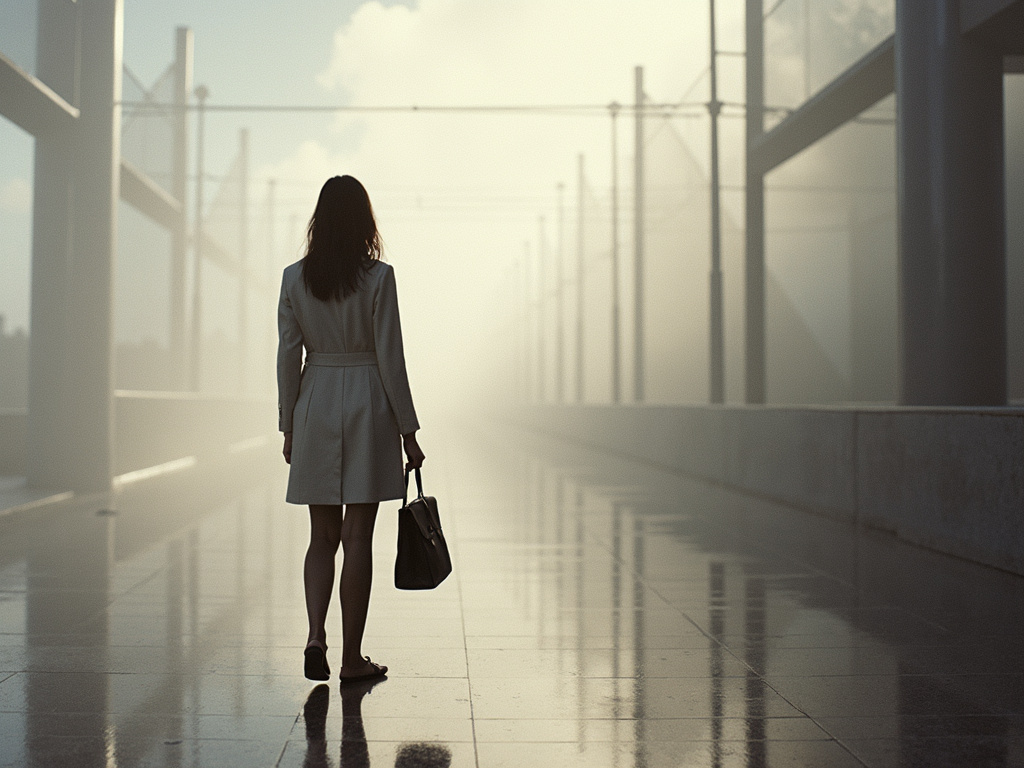 Woman with a bag walking through a bright, modern station