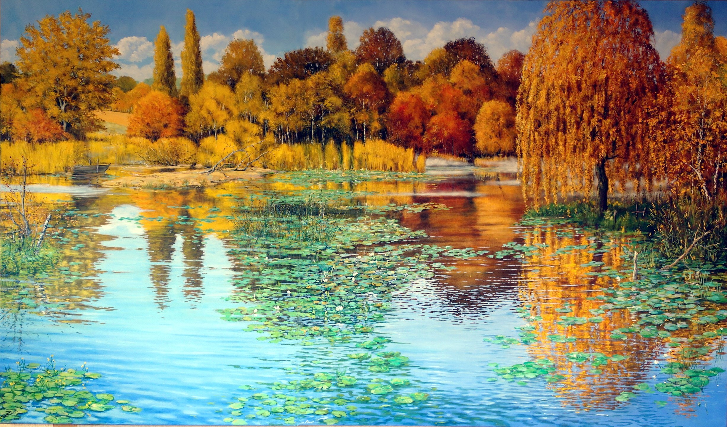 Herbstliche Seenlandschaft-Oel-Leinwand-
