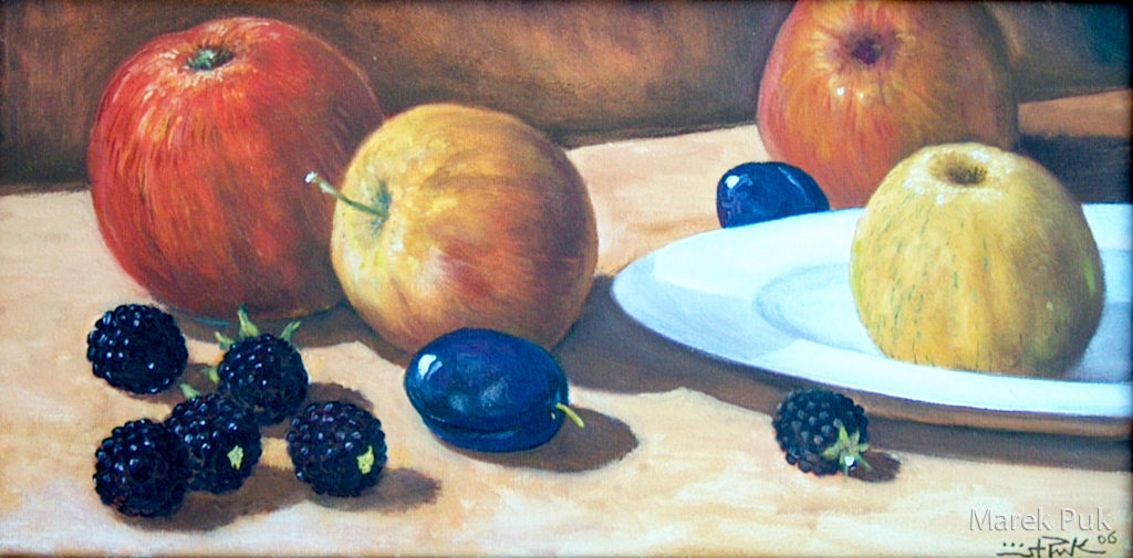 Obststillleben mit Äpfeln und Pflaum