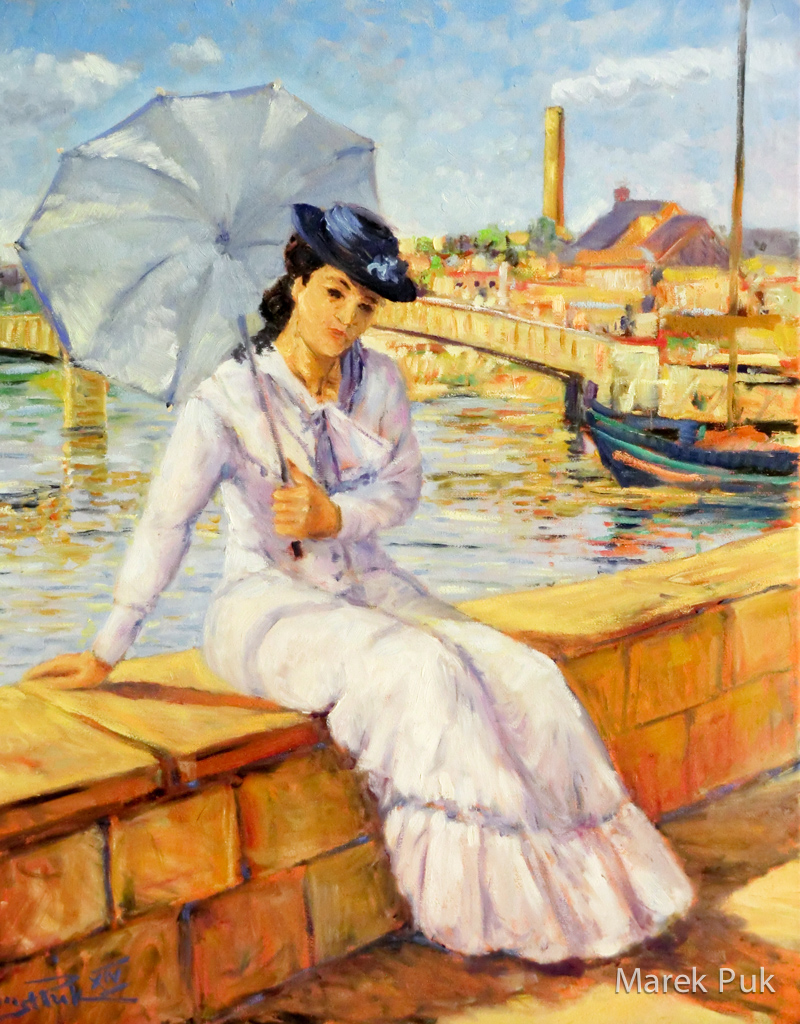 Frau mit Sonnenschirm am Fluß