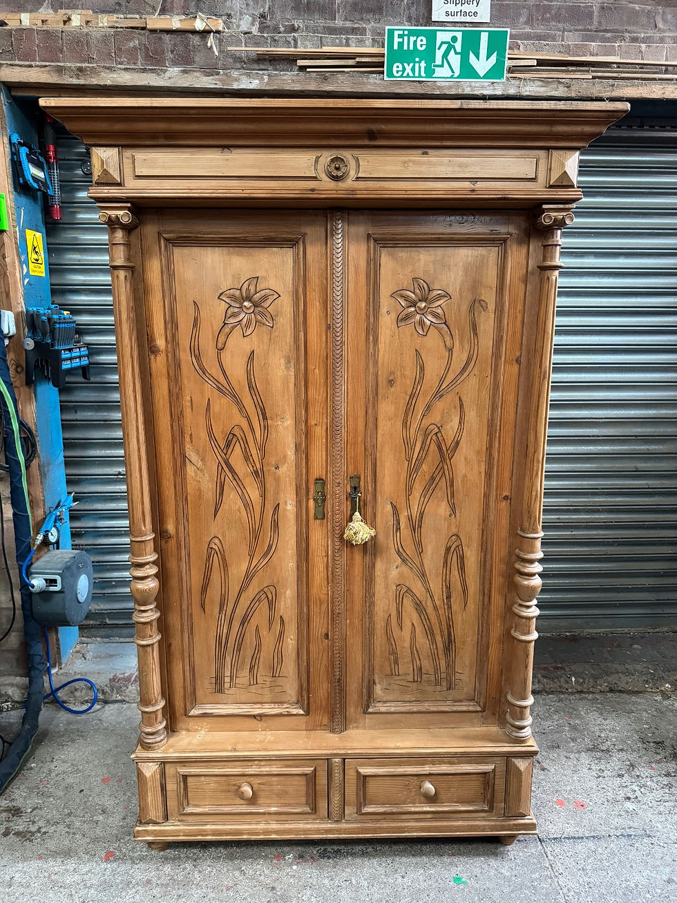 Thumbnail: Waxed and restored antique pine 2 door cupboard with pillars and carved panels