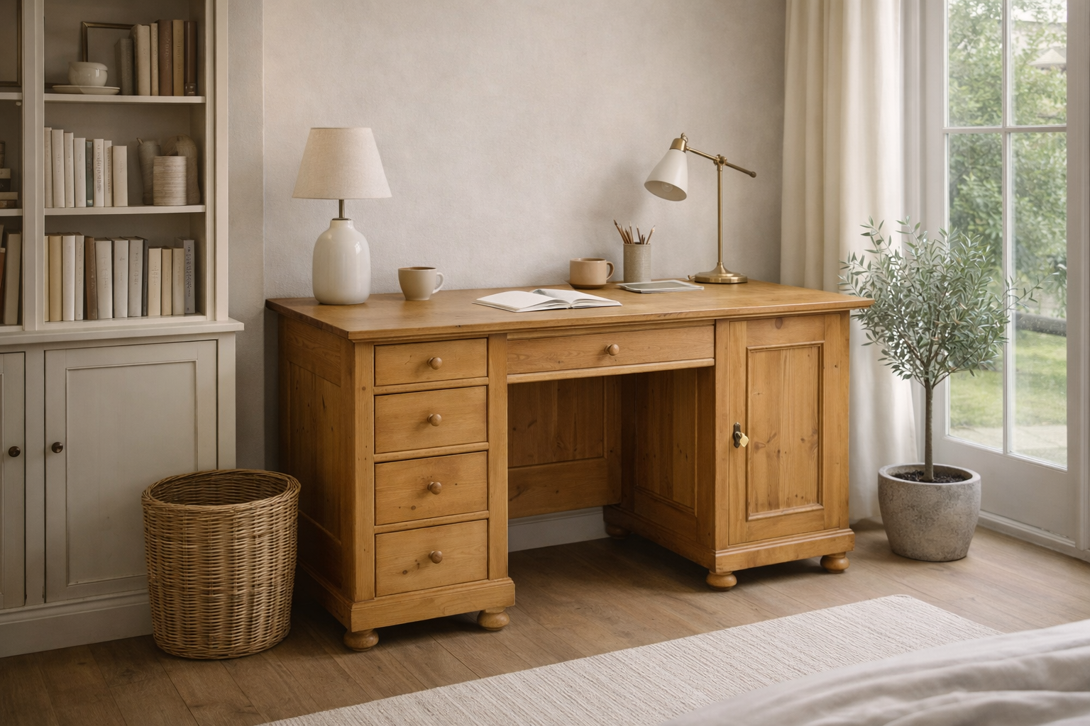 Restored antique pine desk with 5 drawers and useful cupboard
