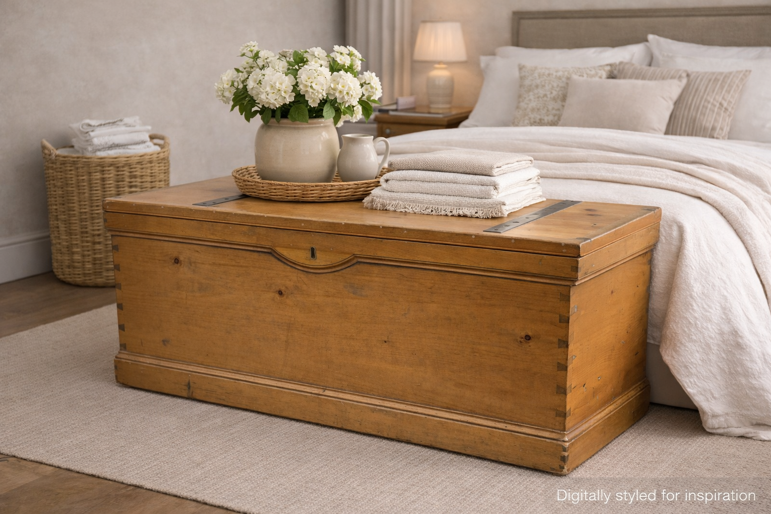 A waxed and restored antique pine blanket box with internal drawers