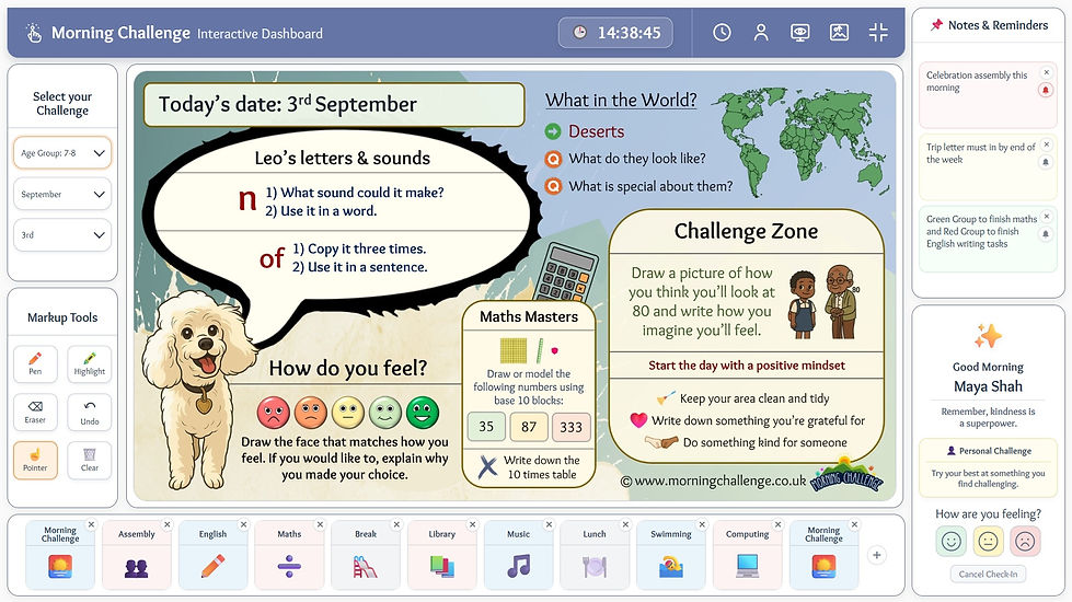 Morning Challenge Interactive Dashboard featuring a daily primary activity, visual timetable, classroom reminders, pupil wellbeing check-in and interactive teaching tools.
