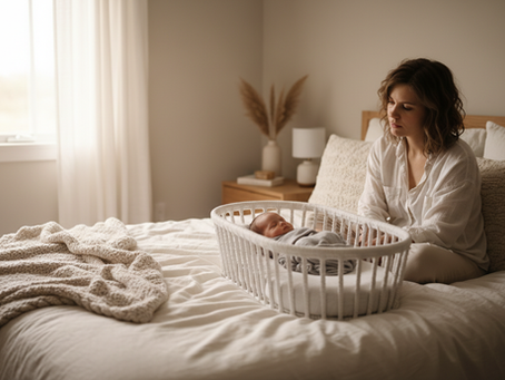a woman sitting on a bed with a baby in a basket.