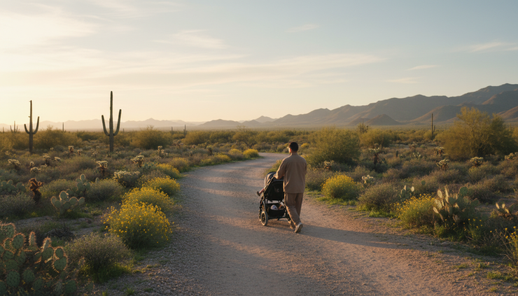 Wide-angle view of a parent walking slowly with a stroller on a quiet path.