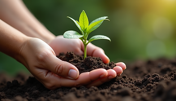 Close-up view of a person holding a small plant sprouting from soil in their hands