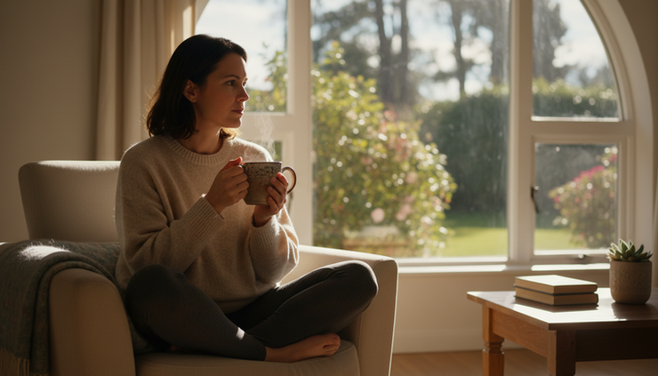 Eye-level view of a person sitting calmly by a window while holding a cup of tea.