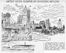 Manuel Rosenberg, downtown, riverfront, Cincinnati, Roebling Bridge, Carew Tower
