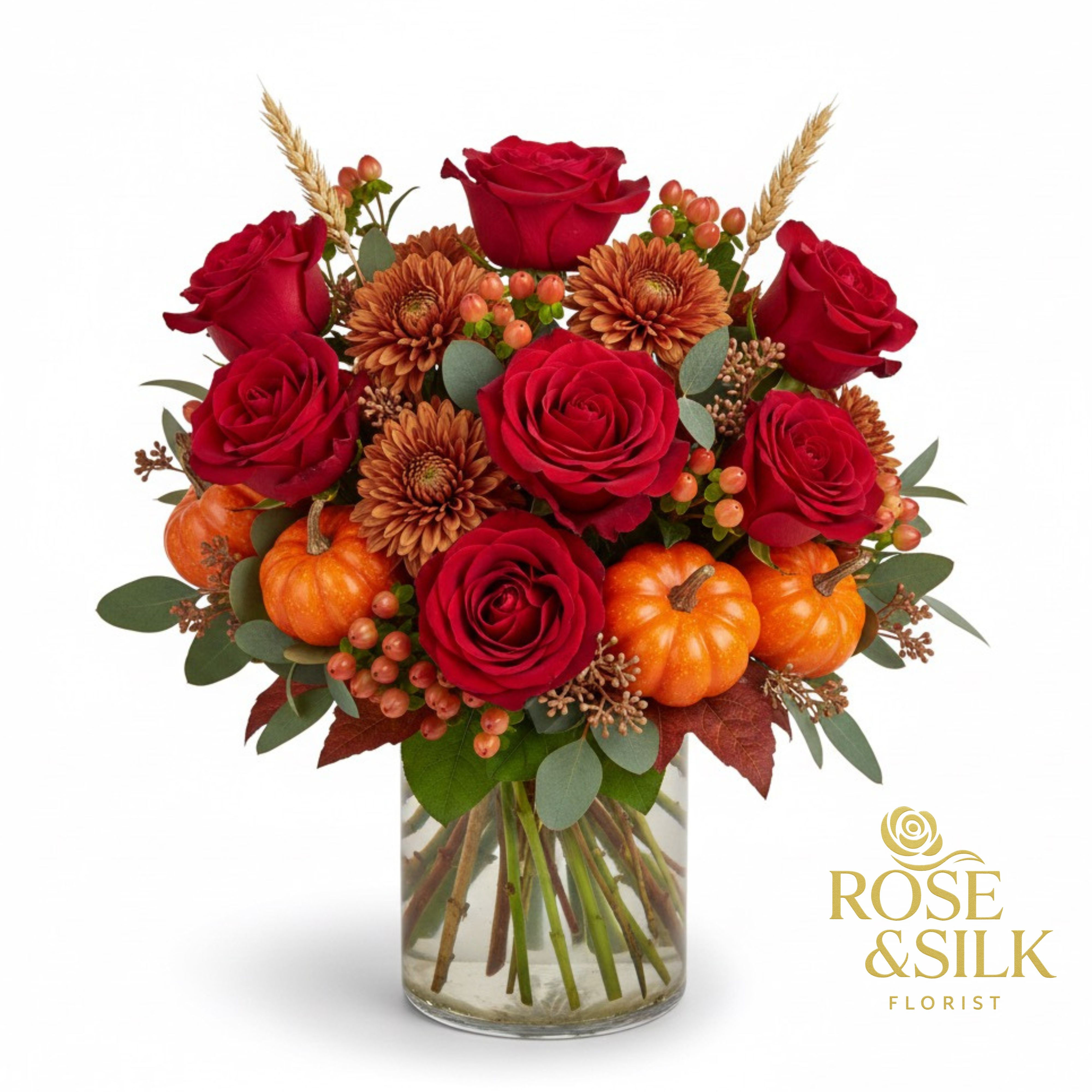 Crimson Harvest – Thanksgiving Roses with Mini Pumpkins - Delivery