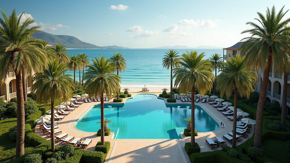 High angle view of a luxury beachfront resort surrounded by palm trees